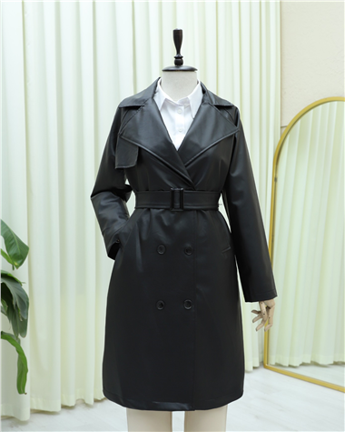 Önü Düğmeli Kemerli Astarlı Deri Pardesü -Siyah