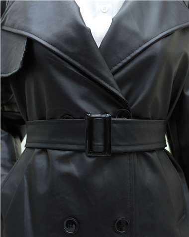 Önü Düğmeli Kemerli Astarlı Deri Pardesü -Siyah