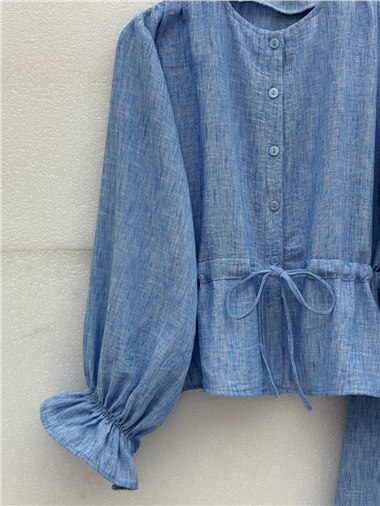 Önü Düğmeli Kolu Lastikli Tünel Bağcıklı Keten Takım -Mavi