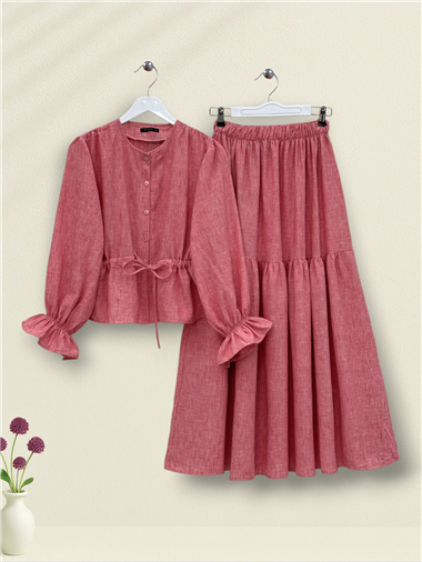 Önü Düğmeli Kolu Lastikli Tünel Bağcıklı Keten Takım -Nar Çiçeği