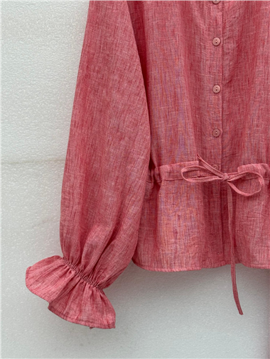 Önü Düğmeli Kolu Lastikli Tünel Bağcıklı Keten Takım -Nar Çiçeği