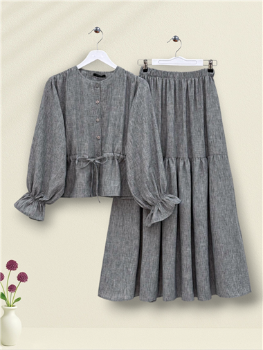 Önü Düğmeli Kolu Lastikli Tünel Bağcıklı Keten Takım -Gri