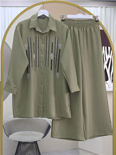 Önü Düğmeli Pul Payetli Pantolonlu Takım  -Haki