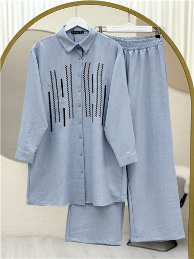 Önü Düğmeli Pul Payetli Pantolonlu Takım  -Bebe Mavi