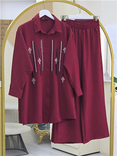 Önü Düğmeli Pul Payetli Pantolonlu Takım  -Bordo