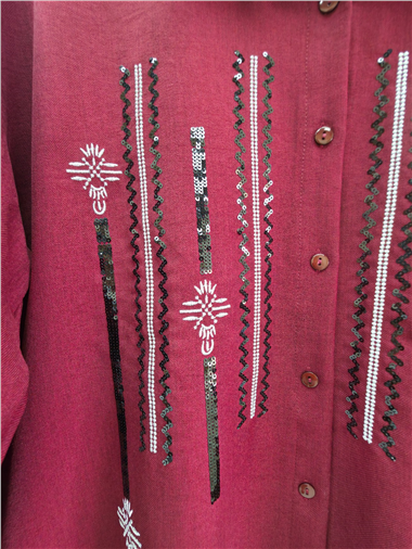 Önü Düğmeli Pul Payetli Pantolonlu Takım  -Bordo