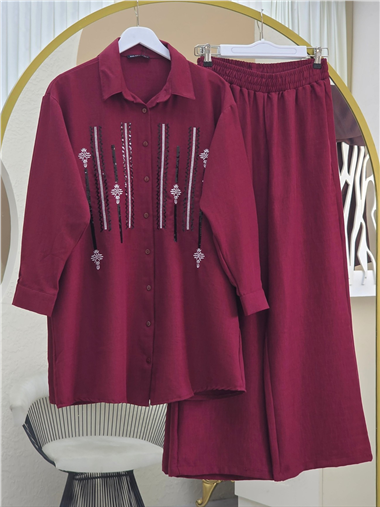 Önü Düğmeli Pul Payetli Pantolonlu Takım  -Bordo