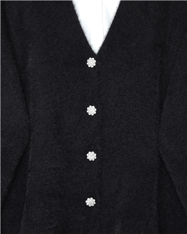 Womens Front Button-Front Eyelash-Knit Relaxed Knit Cardigan - Black