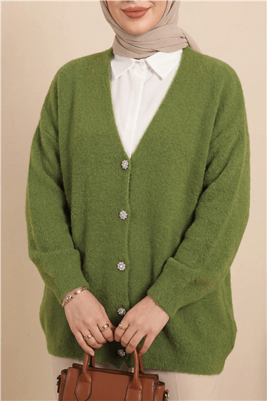 Önü Düğmeli Sakallı Salaş Triko Hırka    -Haki