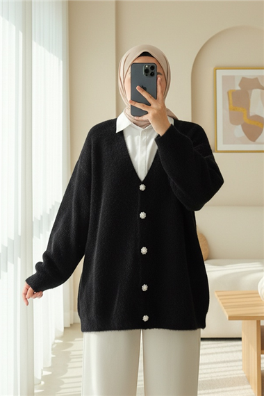 Womens Front Button-Front Eyelash-Knit Relaxed Knit Cardigan - Black
