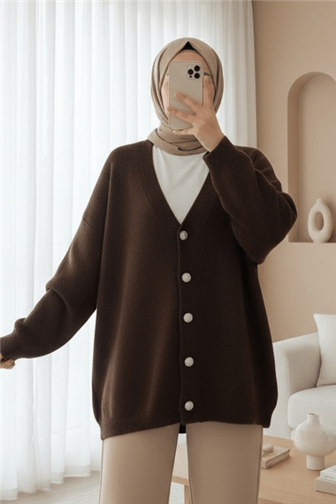 Önü Düğmeli Sakallı Salaş Triko Hırka   -Kahve