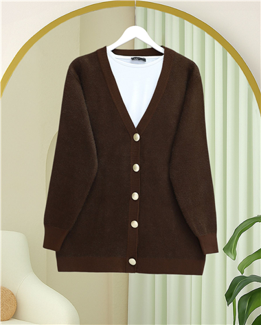 Önü Düğmeli Sakallı Salaş Triko Hırka -Kahve