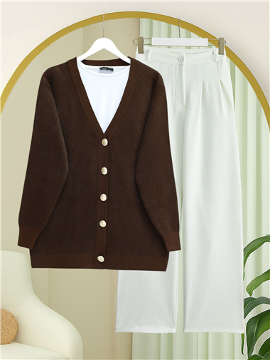 Önü Düğmeli Sakallı Salaş Triko Hırka -Kahve