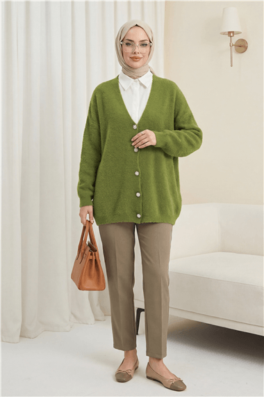 Önü Düğmeli Sakallı Salaş Triko Hırka    -Haki