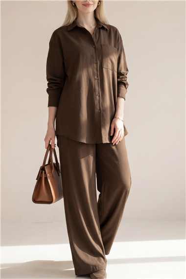 Önü Düğmeli Tek Cepli Gömlek Pantolon Modal Takım  -K. Kahve