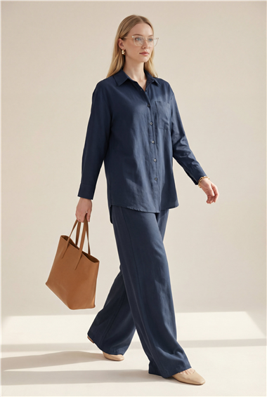 Önü Düğmeli Tek Cepli Gömlek Pantolon Modal Takım -Laci