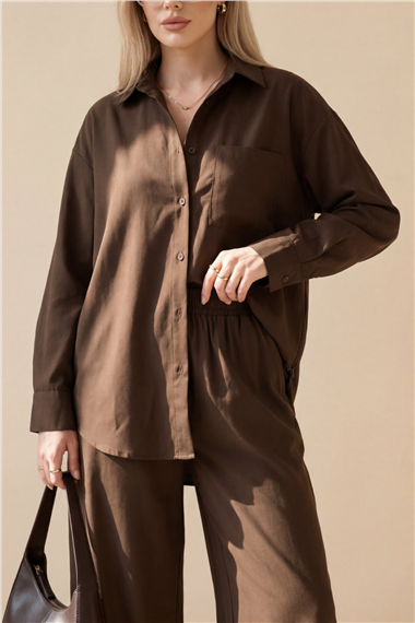 Önü Düğmeli Tek Cepli Gömlek Pantolon Modal Takım  -K. Kahve