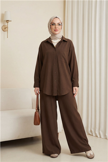 Önü Düğmeli Tek Cepli Gömlek Pantolon Modal Takım  -K. Kahve