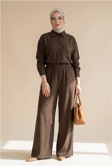 Önü Düğmeli Tek Cepli Gömlek Pantolon Modal Takım  -K. Kahve