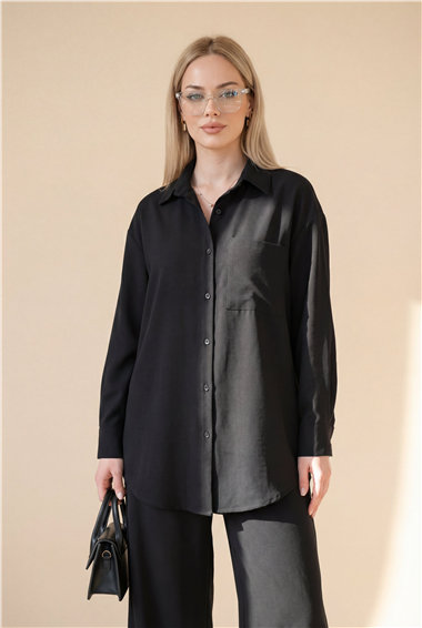 Önü Düğmeli Tek Cepli Gömlek Pantolon Modal Takım  -Siyah