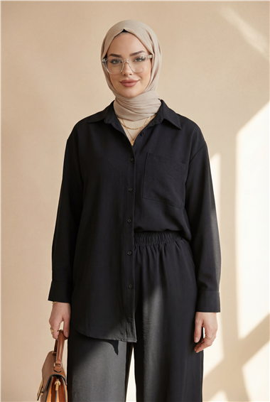 Önü Düğmeli Tek Cepli Gömlek Pantolon Modal Takım  -Siyah