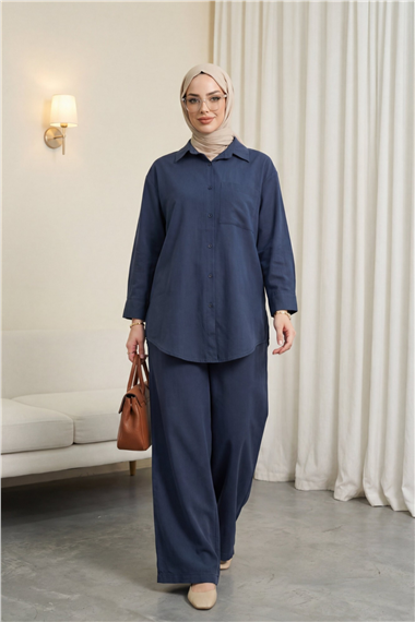 Önü Düğmeli Tek Cepli Gömlek Pantolon Modal Takım -Laci