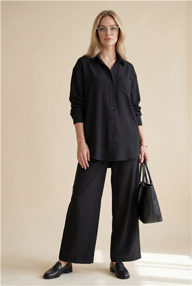 Önü Düğmeli Tek Cepli Gömlek Pantolon Modal Takım  -Siyah