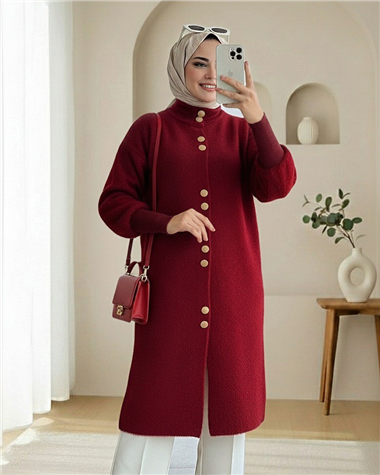 Önü Düğmeli Uzun Sakallı Yumoş  Hırka -Bordo
