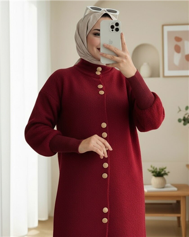 Önü Düğmeli Uzun Sakallı Yumoş  Hırka -Bordo