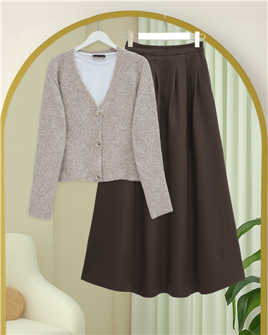 Önü Düğmeli Yumoş Triko Hırka -Taş