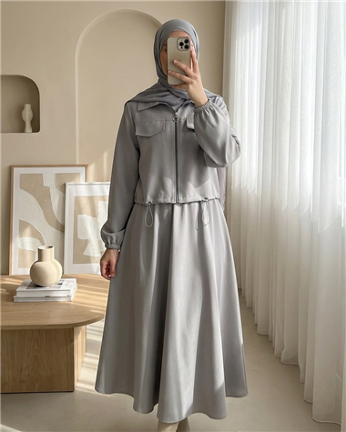 Önü Fermuarlı Beli Ve Kolu Lastikli Cep Detaylı Dabıl İkili Takım -Gri