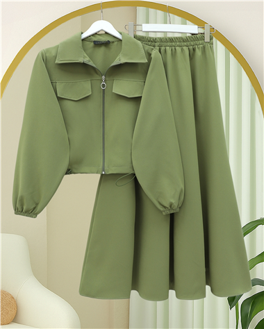 Önü Fermuarlı Beli Ve Kolu Lastikli Cep Detaylı Dabıl İkili Takım -Çağla Y.