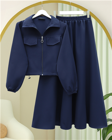 Önü Fermuarlı Beli Ve Kolu Lastikli Cep Detaylı Dabıl İkili Takım -Laci