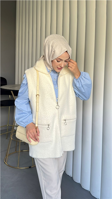 Önü Fermuarlı Torba Cepli Sakallı Yelek -Beyaz