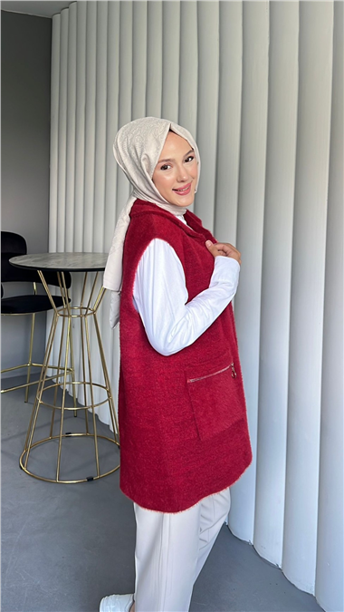 Önü Fermuarlı Torba Cepli Sakallı Yelek -Kırmızı