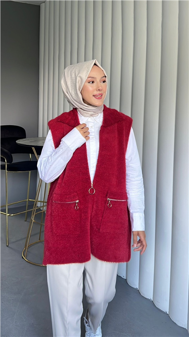 Önü Fermuarlı Torba Cepli Sakallı Yelek -Kırmızı