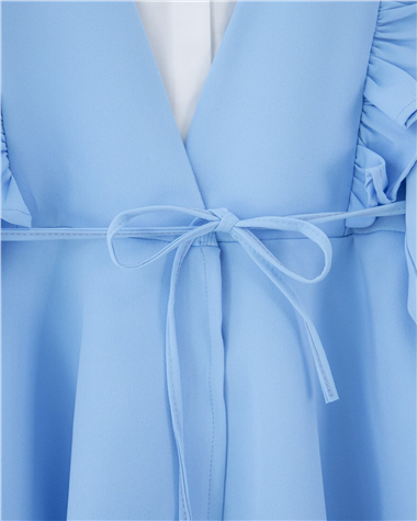 Önü Fırfırlı Bağcıklı Eteği Katlı Pantolonlu Kimono Takım    -Bebe Mavi