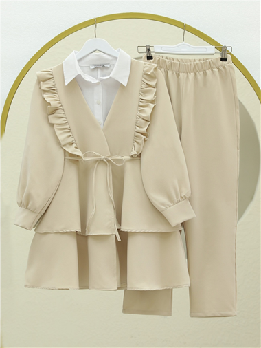 Önü Fırfırlı Bağcıklı Eteği Katlı Pantolonlu Kimono Takım  -Krem
