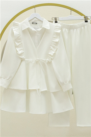 Önü Fırfırlı Bağcıklı Eteği Katlı Pantolonlu Kimono Takım   -Beyaz