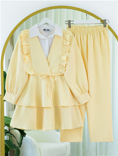 Önü Fırfırlı Bağcıklı Eteği Katlı Pantolonlu Kimono Takım    -Açık Sarı