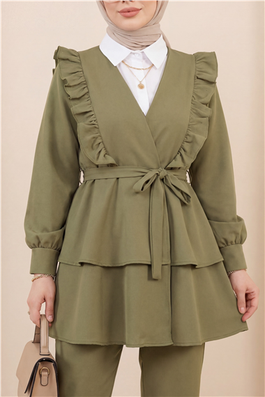 Önü Fırfırlı Bağcıklı Eteği Katlı Pantolonlu Kimono Takım -Haki