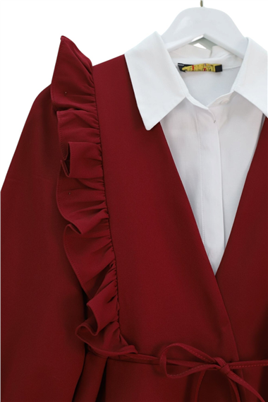 Önü Fırfırlı Bağcıklı Eteği Katlı Pantolonlu Kimono Takım -Bordo