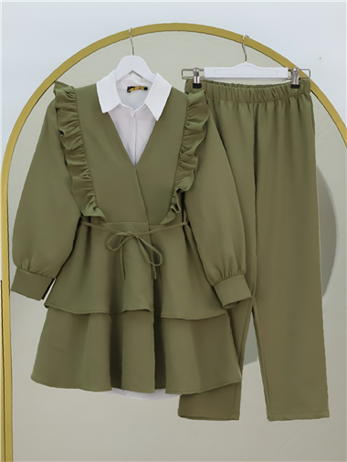 Önü Fırfırlı Bağcıklı Eteği Katlı Pantolonlu Kimono Takım -Haki