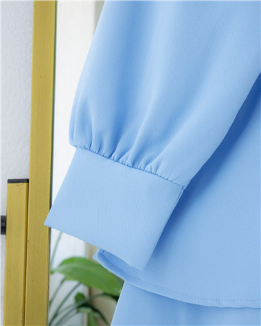 Önü Fırfırlı Bağcıklı Eteği Katlı Pantolonlu Kimono Takım    -Bebe Mavi