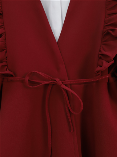 Önü Fırfırlı Bağcıklı Eteği Katlı Pantolonlu Kimono Takım -Bordo