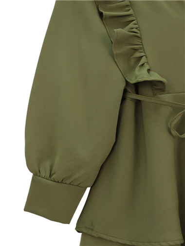 Önü Fırfırlı Bağcıklı Eteği Katlı Pantolonlu Kimono Takım -Haki