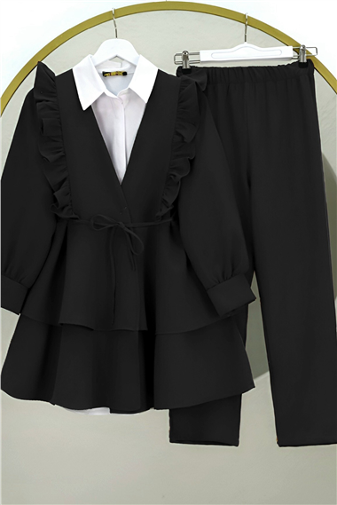 Önü Fırfırlı Bağcıklı Eteği Katlı Pantolonlu Kimono Takım -Siyah
