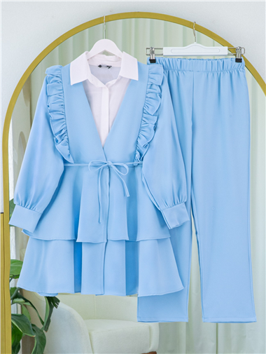 Önü Fırfırlı Bağcıklı Eteği Katlı Pantolonlu Kimono Takım    -Bebe Mavi