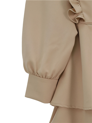 Önü Fırfırlı Bağcıklı Eteği Katlı Pantolonlu Kimono Takım -Bej