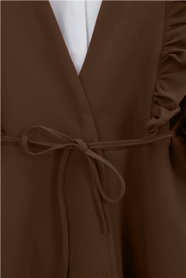 Önü Fırfırlı Bağcıklı Eteği Katlı Pantolonlu Kimono Takım     -Taba